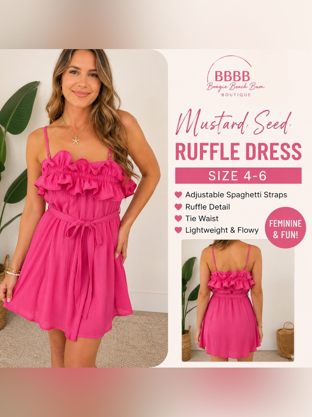 Feminine Ruffled Spaghetti Strap Dress in Hot Pink